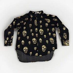 Cleo Skull Print Button Down Shirt Women 1X Black Gold Metallic Goth Whimsigoth